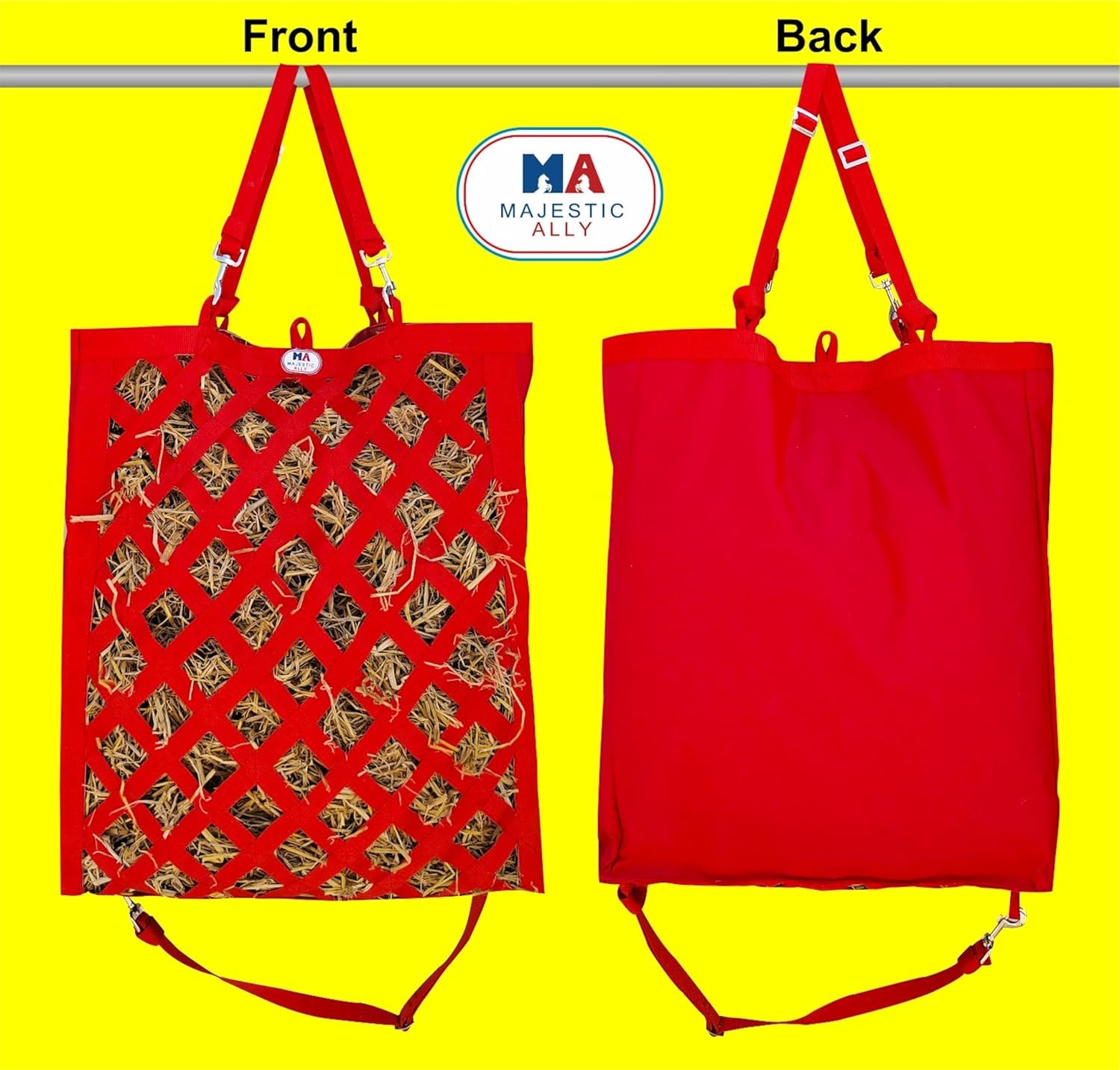 Majestic Ally Premium Nylon Hay Bag for Horses and Livestock, Simulates Grazing, Slow Feeding, Heavy-Duty PP Webbing,Quick-Adjust Straps, Small Hole for Digestion, Multiple Colors (Red)