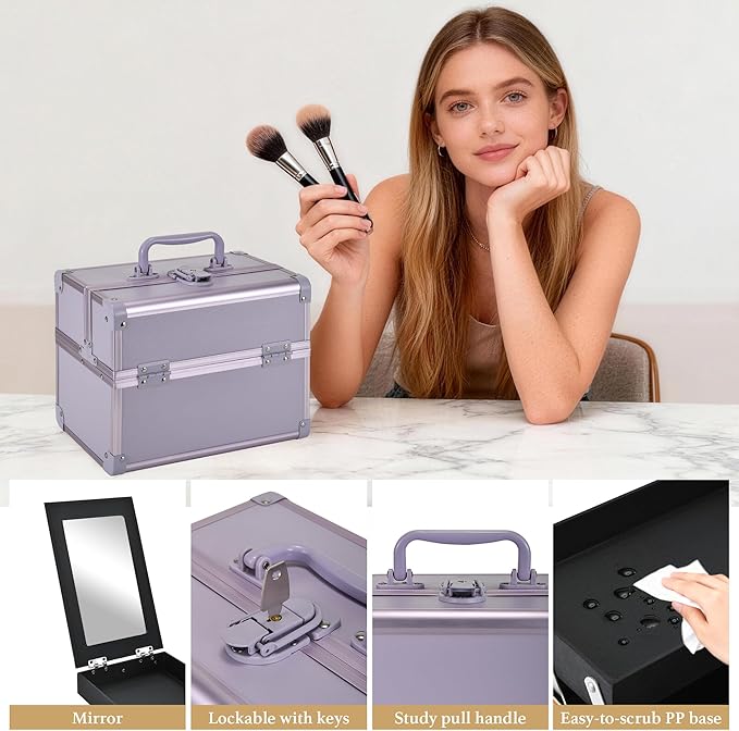 Makeup Train Case, Portable Makeup Case with Mirror, 2-Trays Cosmetic Organizer Case,Nail Polish Organizer, Travel Makeup Box, Profesional for Salon Barber, Purple