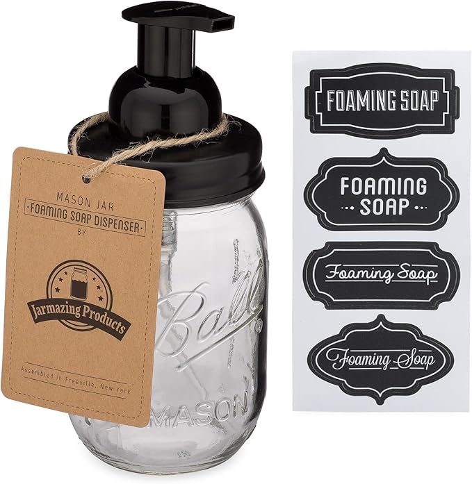 Jarmazing Products Mason Jar Foaming Soap Dispenser - Black - with 16 Ounce Ball Mason Jar - One Pack!