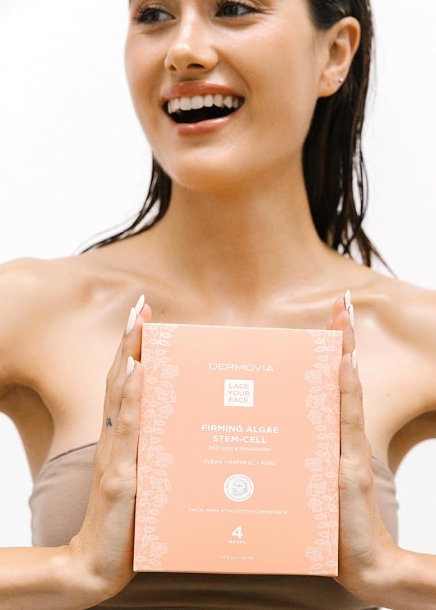 DERMOVIA LACE YOUR FACE Patented Compression Facial Mask, Reusable Biodegradable Cotton Anti Aging Skin Care, Firming Algae Stem Cell, 4 pack