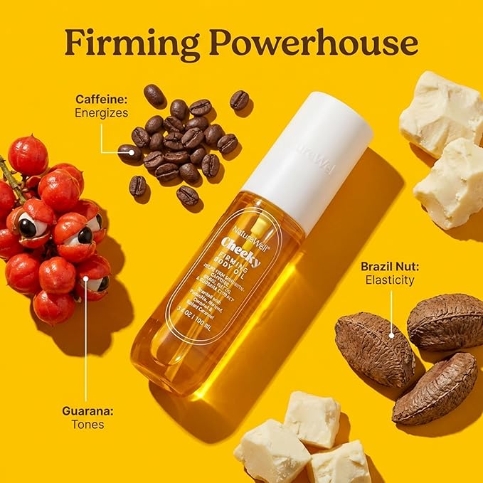 NATURE WELL Cheeky Firming Body Oil, Luxuriously Glowy & Fast-Absorbing Formula Designed to Nourish, Firm, & Visibly Smooth Skin, Scented with Pistachio, Almond, Coconut, & Salted Caramel, 3.4 Oz