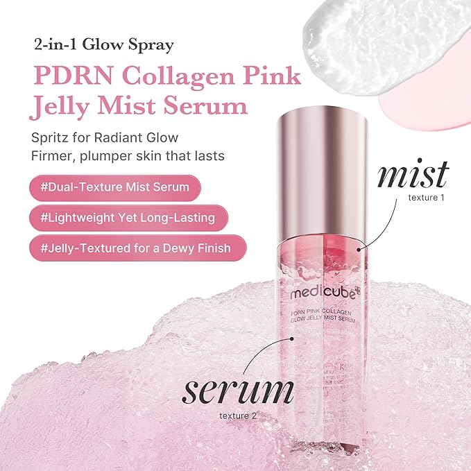 medicube Jelly Mist Serum with Pink PDRN Collagen | Dual-Texture Glow Spray with Niacinamide, Glutathione, Ceramide, Hyaluronic Acid | for Hydration, Radiance, Plump-Looking Skin | 3.38 fl.oz