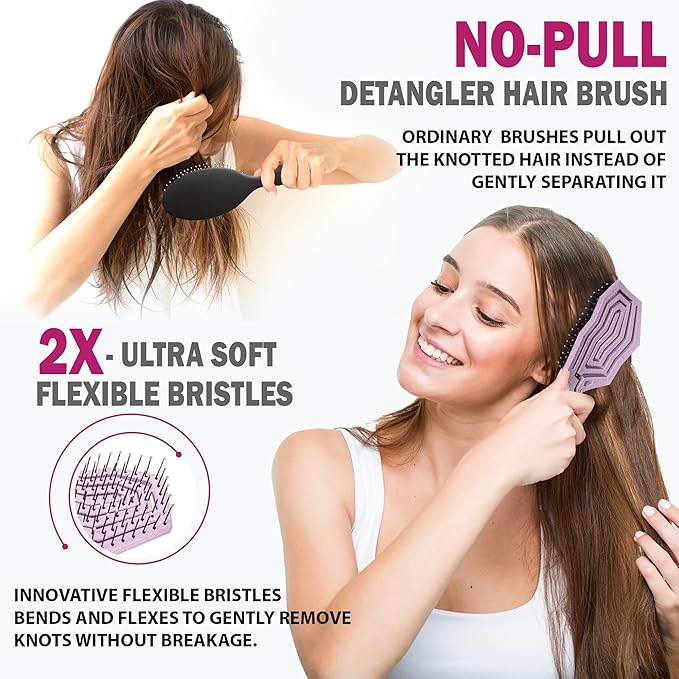 Fiora Naturals Hair Detangling Brush for Women - Detangler Hair Brush w/Flexible Soft Bristles- Gently Glides Through Tangles - Curly, Fine, Dry and Shower Wet HairBrush, cepillo para cabello - Pink