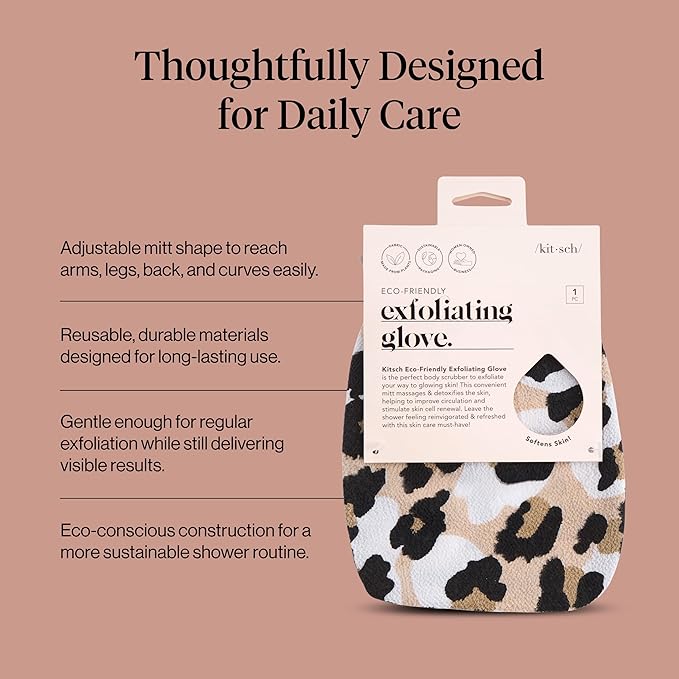 Kitsch Exfoliating Glove 1pc – Korean Exfoliating Mitt & Deep Exfoliating Body Scrubber for Shower, Bath | Body Exfoliator Glove, Dead Skin Remover | Skin Care for Smooth Skin - Leopard