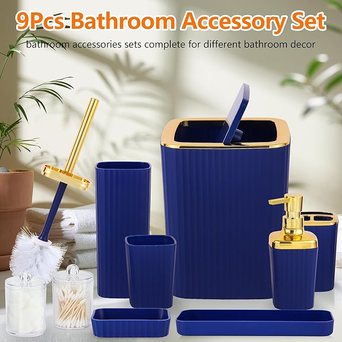 Bathroom Accessory Set,9 Pieces Navy Blue Bathroom Accessories Set with Trash Can, Toothbrush Holder, Soap Dispenser, Toothbrush Cup, Vanity Tray, Soap Dish, Toilet Brush, Qtip Holder