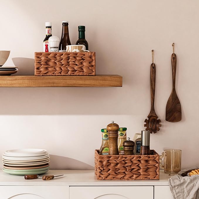 UBBCARE Storage Baskets with Label, Wicker Pantry Baskets for Shelves, Waterproof Woven Basket for Organizing, 2-Pack Plastic Rectangle Organizers with Handles, Light Brown (10L×8H×4W)