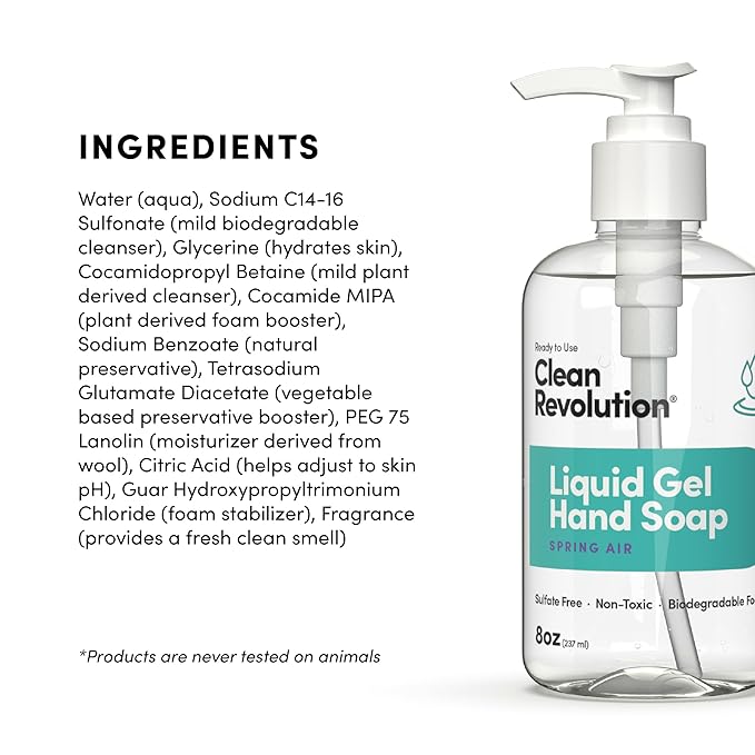 Clean Revolution Liquid Gel Hand Soap, Silky Rich Liquid, Quick Lather, Fast Rinsing, Contains Real Essential Oils (Spring Air) 8 Fl Oz (Pack of 6)