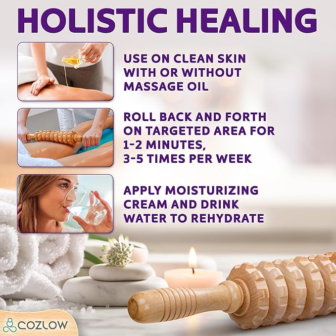Wooden Massage Roller Stick (9 Rollers) - Curved Wood Therapy Massage Tool for Body Sculpting, Fascia Release & Lymphatic Drainage - Maderotherapy Helps Reduce Cellulite Appearance - by Cozlow