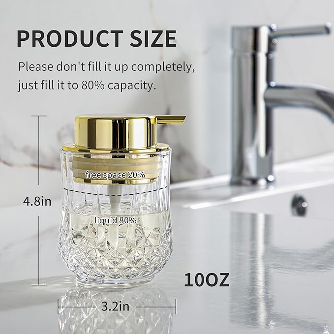 Glass Soap Dispenser,Bathroom Hand Liquid Soap Dispensers,Refillable Dish Soap Dispenser for Gold Pump,Lotion Dispenser for Bathroom,Kitchen (Clear/Gold Liquid Pump)