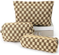 3 Pcs Makeup Bag Cosmetic Bag Set for Girls Women Checkered Travel Organizer Bathroom Toiletry Pouch Large Capacity Storage Bag (Brown)