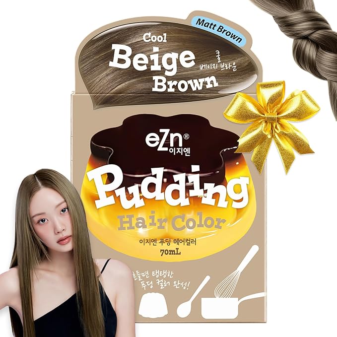 eZn Pudding Hair Dye for Sensitive Scalps – No-Drip, Ammonia-Free, Long-Lasting Semi-Permanent Hair Color with Keratin for Gentle Gray Coverage at Home (Cool Beige Brown)