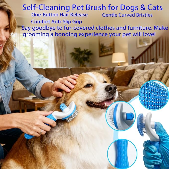 5-in-1 Pet Grooming Kit with Self-Cleaning Slicker Brush for Dogs & Cats, Includes Undercoat Rake, Dematting Comb, Fine-Tooth Flea Comb, and Massage Bath Brush - Complete Grooming Solution