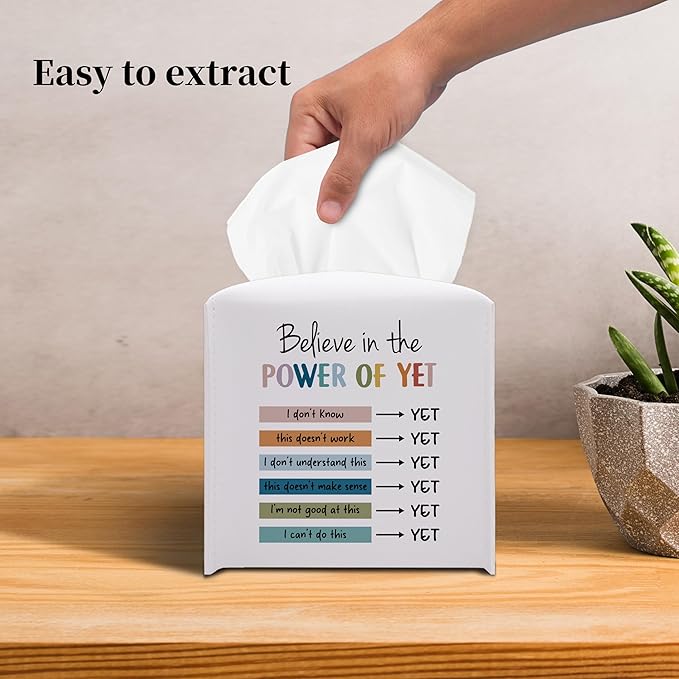 Grace Yonks Cute Tissue Box Cover Square - Power of Yet Growth Mindset Design 5.2" PU Leather Holder for Vanity, Desk, or Bathroom Counter - Cube Case for Facial Tissues(018)