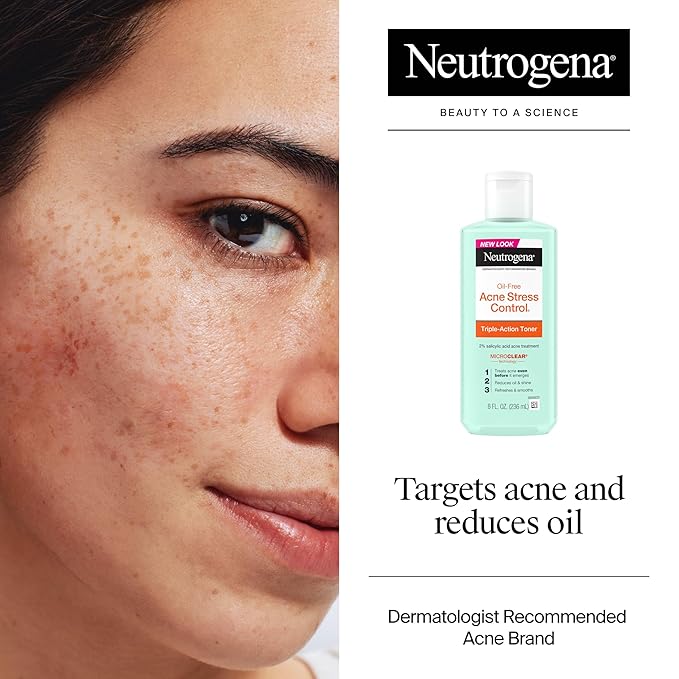 Neutrogena Acne Stress Control Oil-Free Triple-Action Face Toner, Skin Care with 2% Salicylic Acid, Acne Toner for Face with Green Tea & Cucumber Extract, Nourishing & Refreshing, 8 fl. oz