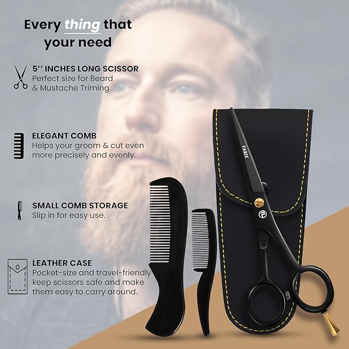 5” Professional Beard Mustache Scissors with 1 Beard Comb, 1 Mustache Comb and Travel Pouch - Perfect Beard Trimming Scissors for All Facial Hair Scissors - Grooming Scissors