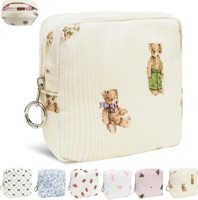 Period Bag for Girls, Corduroy Sanitary Napkin Storage Bag, Period Pouch & Tampon Holder, Feminine Care Organizer（Cute Bear）