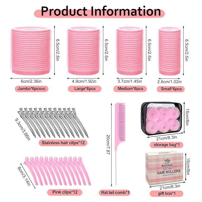 4 Sizes Self-Grip Hair Rollers Set with Clips - 4 Sizes for Long, Short Hair & Bangs (25mm, 36mm, 48mm, 60mm), (Pink, 4 Sizes)