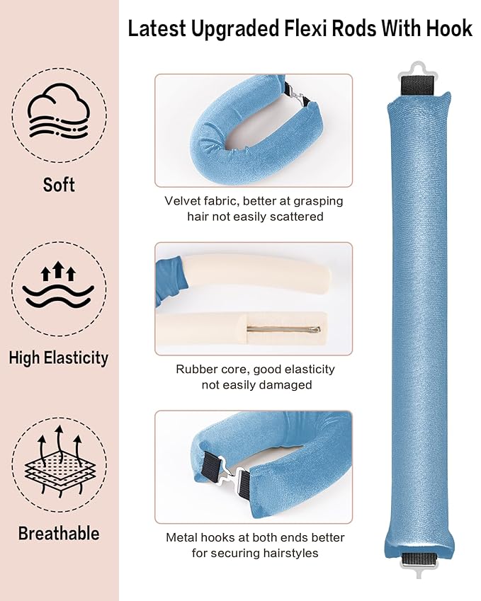 Heatless Curls Overnight with Satin Head Scarf, Velvet Hair Rollers for Blowout Look, No Heat Curling Rod for Long Thick Hair, Soft Sleep In Flexi Rods