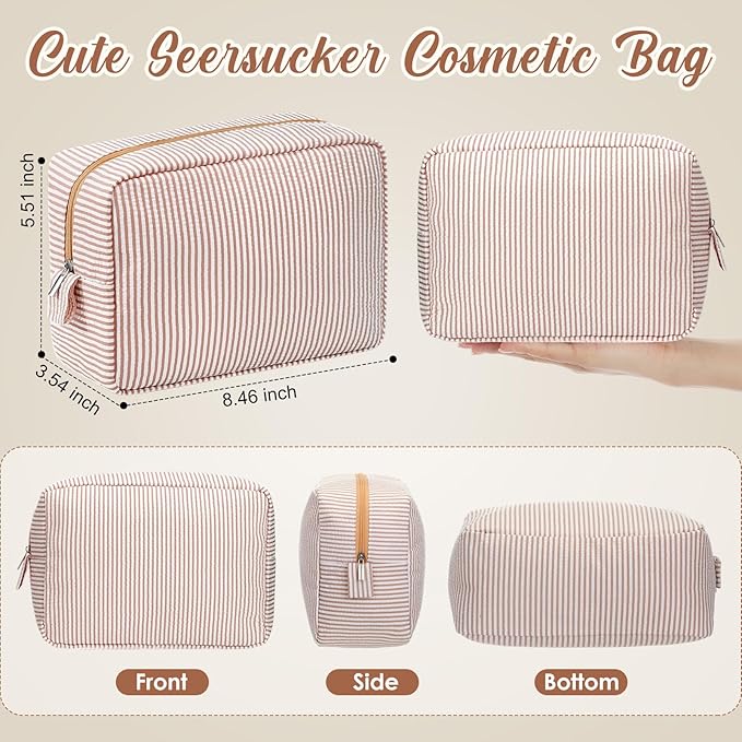 Sanwuta 6 Pcs Seersucker Cosmetic Bag Bulk Pinstripe Makeup Bag for Women Aesthetic Cute Travel Toiletry Organizer Preppy Storage Pouch for Wedding Bridesmaid Christmas Gift (Large, Classic)