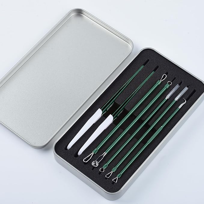 Pimple Popper Tool Kit - 7 Pcs Blackhead Remover Comedone Extractor Kit with Box for Quick and Easy Removal of Pimples, Blackheads, Zit Removing, Forehead,Facial and Nose (Green)