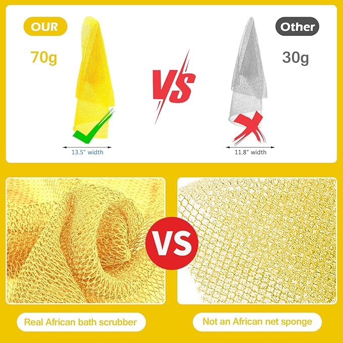 African Net Sponge, Authentic Exfoliating Body Scrubber for Bath and Shower, Multiple Textures with Gentle Deep Exfoliating and Rich Lather for All Skins (Yellow)