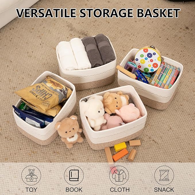 4 Pack Storage Baskets for Organizing, 13"X9"X7.87", Decorative Cotton Rope Baskets for Shelves, Small Woven Basket for Toys, Books and Towels, Brown & White