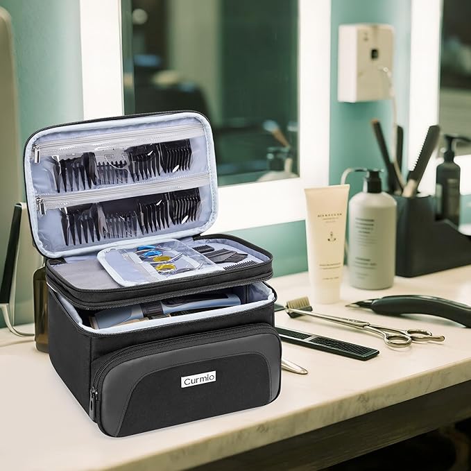 CURMIO Travel Carrying Case for Hair Clipper, Double Layer Barber Supplies Hair Cutting Tools Storage Bag Compatible with Ufree/Wahl/Andis/Hatteker/Osterpro and Most Standard Men Hair Trimmer