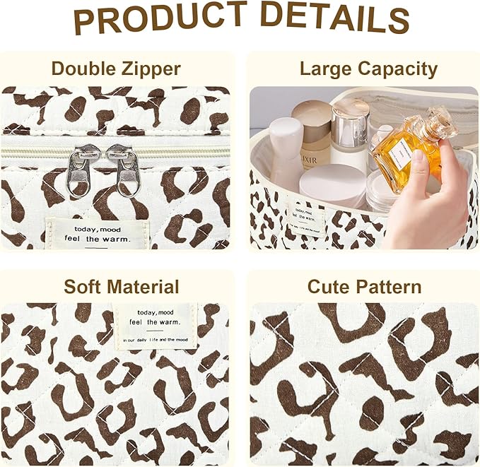 3Pcs Makeup Bag Cotton Quilted Travel Cosmetic Bag Cute Floral Makeup Pouch Large Toiletry Bag for Women Girls
