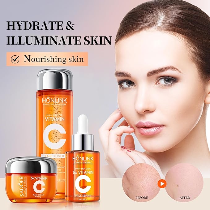 Vitamin C Skincare Trio: Face Serum, Moisturizing Cream & Hydrating Toner, 5X Vitamin C with Hyaluronic Acid, Complete Daily Routine to Refresh & Nourish Skin, For All Skin Types