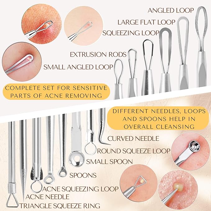 16 Pcs Blackhead Remover Tools 410 Grade Stainless Steel | Pimple Popper Tool Kit | Stainless Steel Professional Pimple Extractor Tool Kit for Blackheads, Comdone, Acne, Zit, and Whiteheads