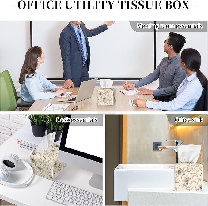 Boho Minimalist Flowers Tissue Box Cover Square, Abstract Line Floral Tissue Box Holder Waterproof Leather Facial Paper Organizer Dispenser for Bathroom Home Car Nightstand Vanity Desk