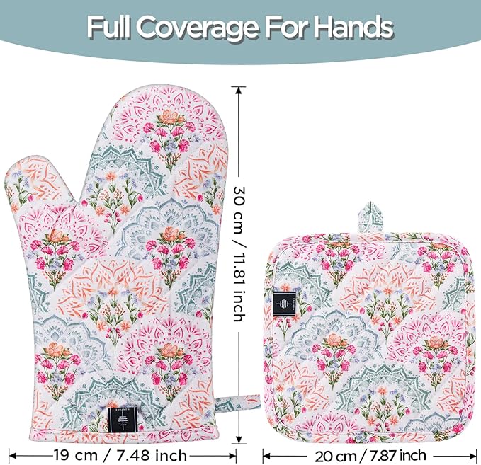 Oven Gloves Heat Resistant Potholder Set Oven Gloves with Anti-Slip Striped Cooking Gloves for Cooking Baking - 2PCS