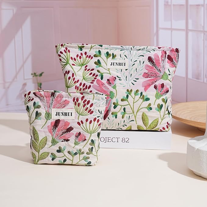 Makeup Bag Small Cute Cosmetic Bags for Women，Floral Travel Toiletry Bag for Purse, Large Canvas Cosmetic Pouch Makeup Organizer Tool Pouch with Zipper（2Pcs Colorful Plant）