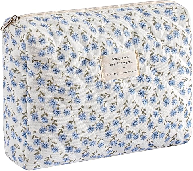 uekeboag Quilted Cotton Makeup Bag,Coquette Quilted Toiletry Bag for Women and Girls,Floral Coquette Pouch,Cute Kawaii Travel Cosmetic Bags(Dark Blue Flower)