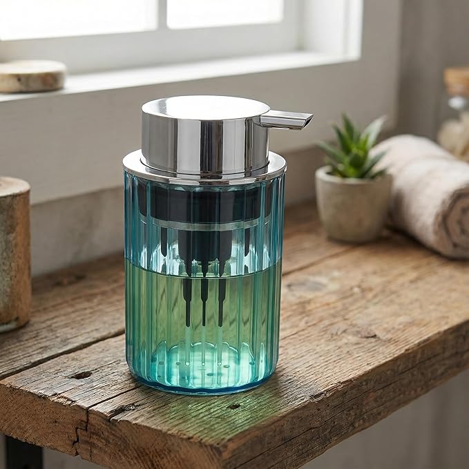 Foaming Hand Soap Dispenser 350ml (11oz) Refillable Vintage-Inspired Modern Plastic Silver Pump for Liquid Soap Shampoo Body Wash Bottle for Bathroom Kitchen (2 Pcs)(Brown+Blue)