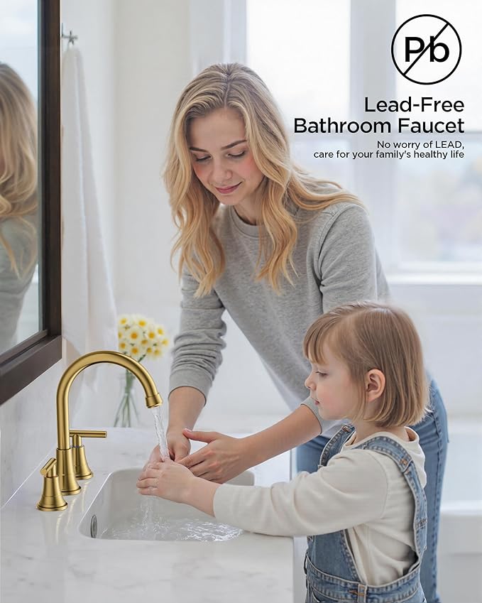 FORIOUS Gold Bathroom facuet 3 Hole, 8 inch Brushed Gold Bathroom Sink Faucet Widespread with 360° Swivel Spout and Spare Water-Saving Aerator and Drain, 3 Piece Vanity Tap for Restroom Upgrade
