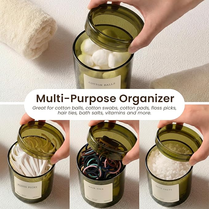 MaisoNovo Qtip Holder Bathroom Set – Airtight Q tip and Cotton Round Holder with Lid to Store Cotton Rounds, Swabs, Floss Picks, Hair Ties with Free Labels Pack - 2 Green Jars with Green Lids