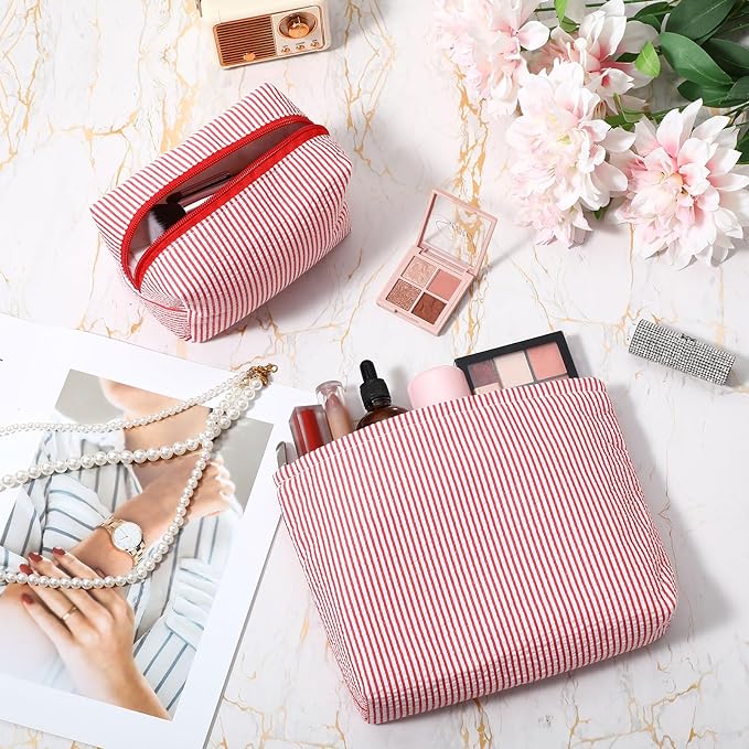 2 Pcs Makeup Bag Set Cute Cosmetic Pouch for Women Seersucker Travel Toiletry Bag Preppy Small Makeup Purse Pouch Aesthetic Skincare Brushes Storage Organizer for Valentine Women(Red)