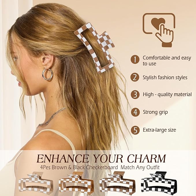 4 PCS 5 Inch Checkered Hair Claw Clips for Women - Square Checker Extra Large Claw Clips, Rectangle Durable Claw Clips for Thick Long Curly Hair, Hair Accessories for Daily, Dating, Work & Travel