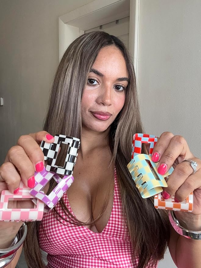 Small Checkered Multicolored Rectangle Y2K Hair Claw Clips - 6 Pcs Strong Hold Hair Accessories for Thin & Thick Hair