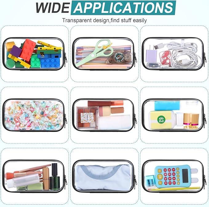 Sanwuta 6 Pcs Clear Hard Zipper Case Plastic Zipper Pouches Transparent Makeup Bag Pencil Case Pouches Toiletry Diaper Bag for Travel Toy Storage Organizer Bins(Black,7.48 x 3.94 x 2 Inch)