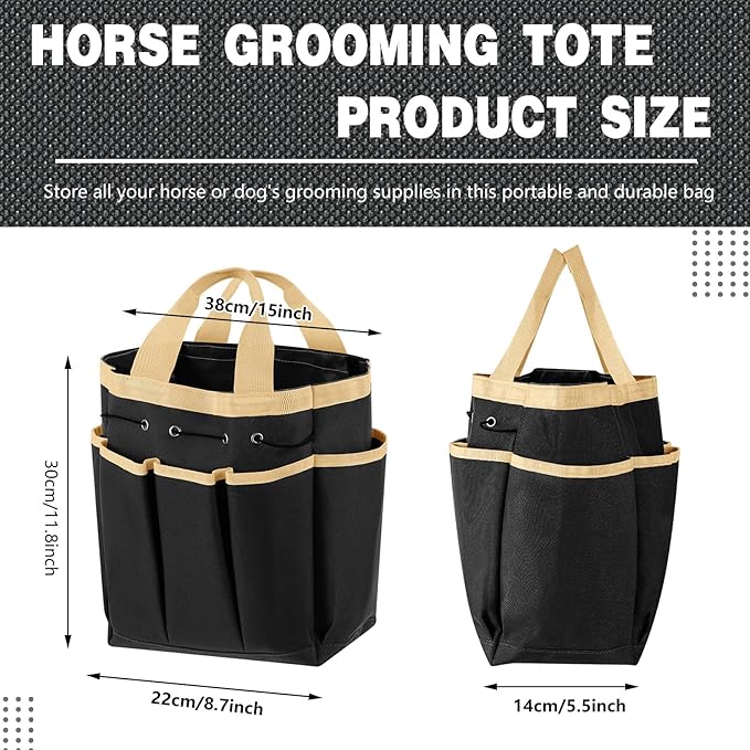 Abbylike Grooming Tote Bag for Horses and Dogs Organize Tack Tools Equestrian Grooming Kit Care Portable with Multiple Pockets for Supplies(Vintage,15 x 12 x 5.5 Inches,Khaki and Black)