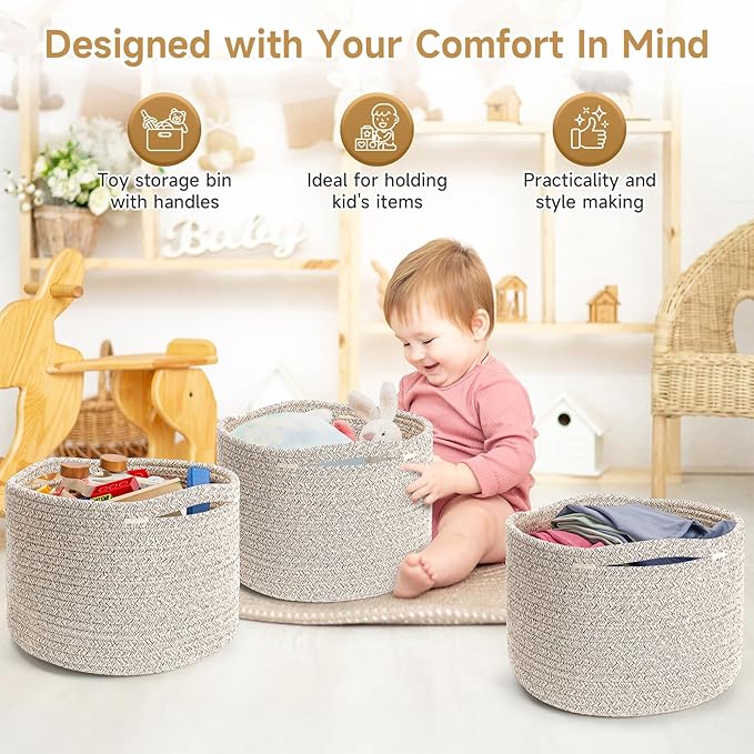 Small Rope Baskets for Storage, Baskets for Gifts Empty, Cute Round Woven Basket, Decorative Shelf Baskets 9.82×9.82×7.1", Cotton Toy Storage Bins for Organizer 3 Packs Mixed Brown