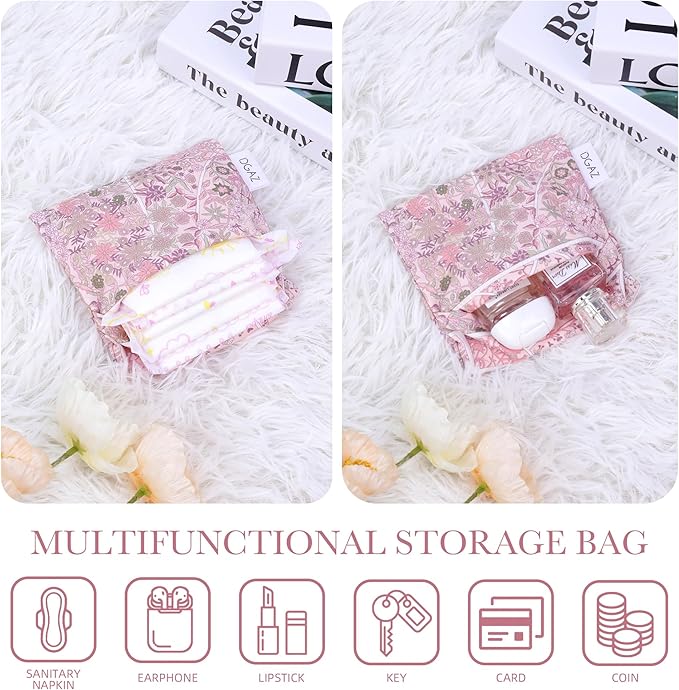 DGAZ Sanitary Napkin Storage Bag, Period Bag for Teen Aged Girls, Portable Period Bag for Panty Liners/Menstrual Cup/Small Tampons，Mini Makeup Bag for Purse(Peach Blossoms)