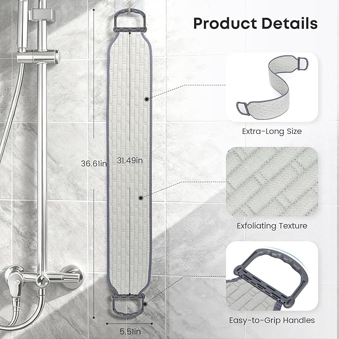 Exfoliating Back Scrubber with Plastic Handles for Shower, 36 Inches Wider Bath Back Exfoliator Body Cleaner for Men, Women and Elderly, Dual-Sided Roughness Back Washer for Deep Cleansing