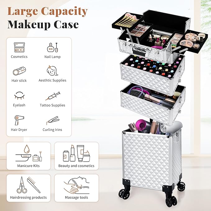 AROUS Rolling Makeup Train Case 4 in 1 Cosmetology Case on Wheels Large Storage Cosmetic Trolley with Key Salon Barber Case Traveling Cart Trunk, Silver