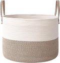 115L Extra Large Blanket Basket for Living Room - Woven Cotton Rope Laundry Hamper with Reinforced Handles - Storage Bin for Pillows, Comforters & Toys - Machine Washable,White&Brown