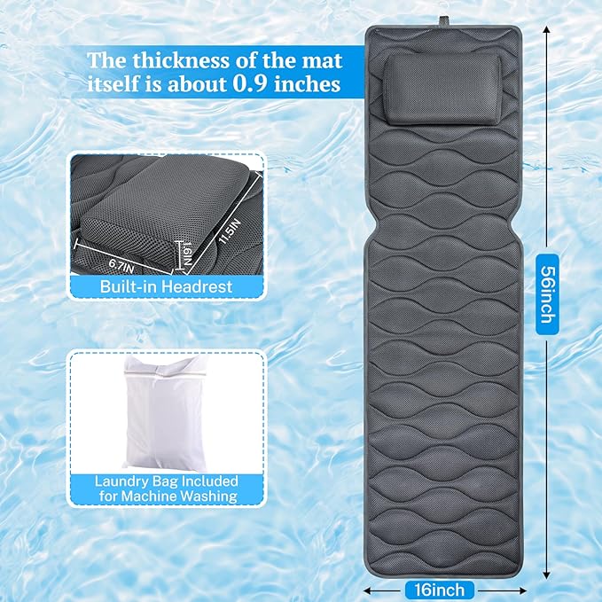 Bath Pillow for Tub with Laundry Bag & 17 Non-Slip Suction Cups, Extra Thick and Soft Bathtub Pillow for Head, Neck & Shoulder Support, 56" x 16" Grey