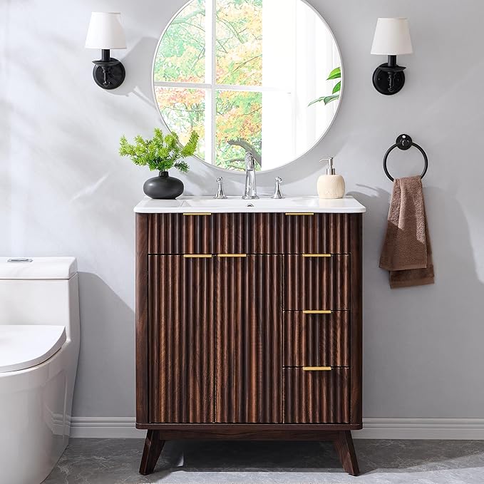 T4TREAM 30" Fluted Bathroom Vanity with Ceramic Sink Combo，Freestanding Modern Bathroom Storage Vanity Cabinet with 2 Soft Closing Doors & 3 Drawers，Wood Grain Texture，Metal Handle，Dark Walnut