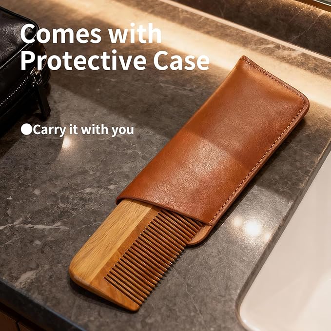 Onedor Handmade 100% Natural Green Sandalwood Wooden Comb for Men Hair, Beard, and Mustache Styling Pocket Comb With Leather Case (Short)